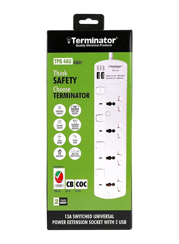 Terminator 4 Socket 2 USB Charging Ports Power Extension, White