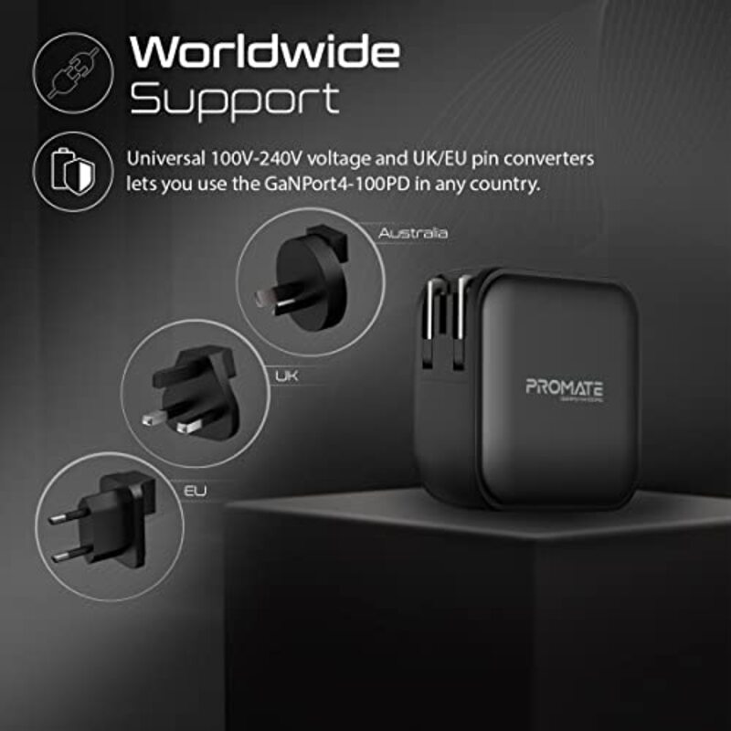 Promate 100W USb-C Gan Wall Charger With Dual USb-C Pad, Black