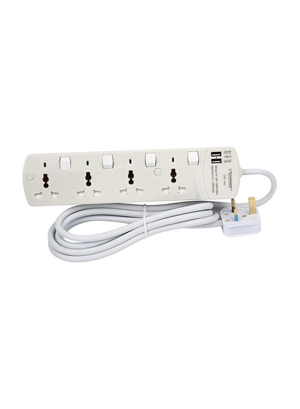 Terminator 4 Socket 2 USB Charging Ports Power Extension, White