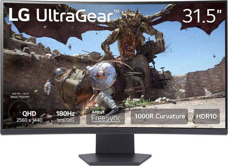 

LG 32GS60QC-B Ultragear 32inch Curved Gaming Monitor QHD 2560x1440 180Hz 1ms 1000R AMD FreeSync HDR10 HDMIx2 DisplayPort Black