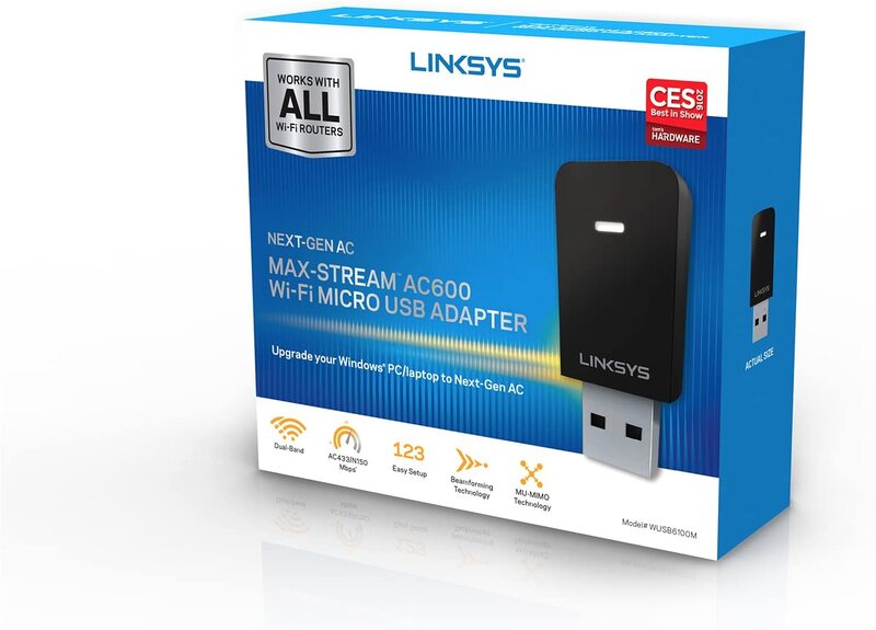 Linksys WUSB6100M Max-Stream AC600 Dual-Band MU-MIMO USB Adapter, Black