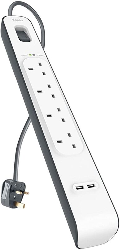 Belkin 2-Meter 4-Outlet Surge Protection Extension Lead Strip, with 2 x 2.4 A Shared USB Charging Port, BSV401af2M, White