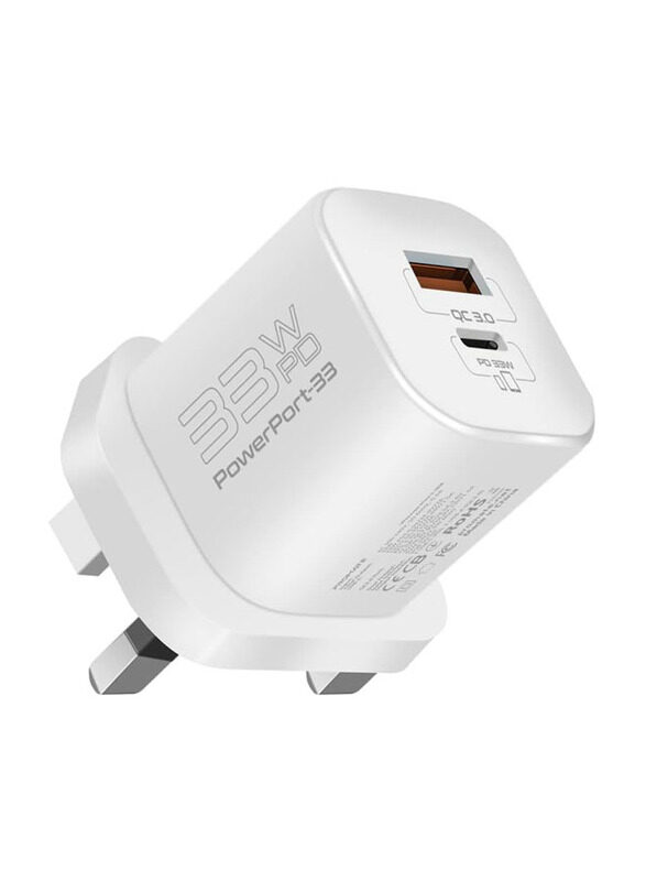 

Promate GaN UK Wall Charger, 33W USB-C Power Delivery Wall Charger with Fast 22.5W QC 3.0 Charging Port, White