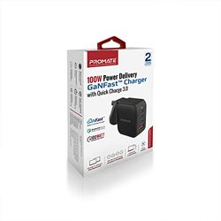 Promate 100W USb-C Gan Wall Charger With Dual USb-C Pad, Black