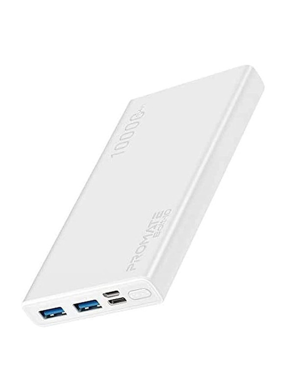 

Promate 10000mAh Wired Fast Charging Power Bank with USB Type A & USB Type C Input, White