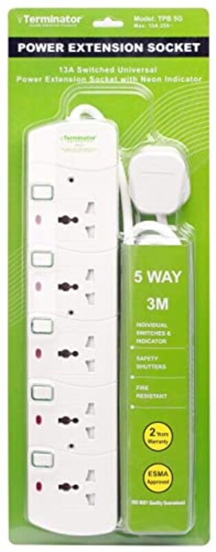 Terminator 5-Way Universal Power Extension Socket with 3-Meter Cable, 3X1.25MM2, White