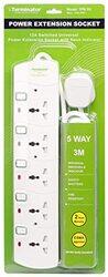 Terminator 5-Way Universal Power Extension Socket with 3-Meter Cable, 3X1.25MM2, White