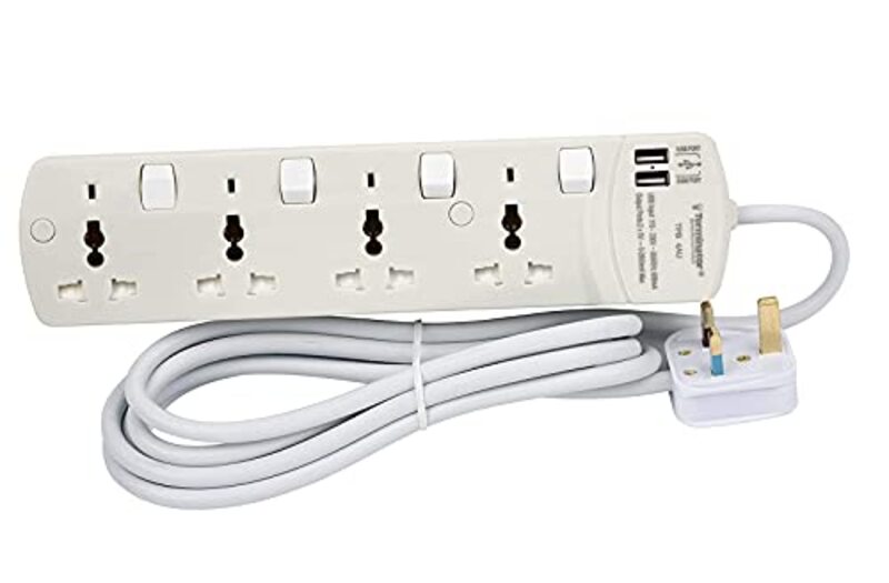 Terminator 4 Socket 2 USB Charging Ports Power Extension with 3 Meter Cable, TPB 4AU, White