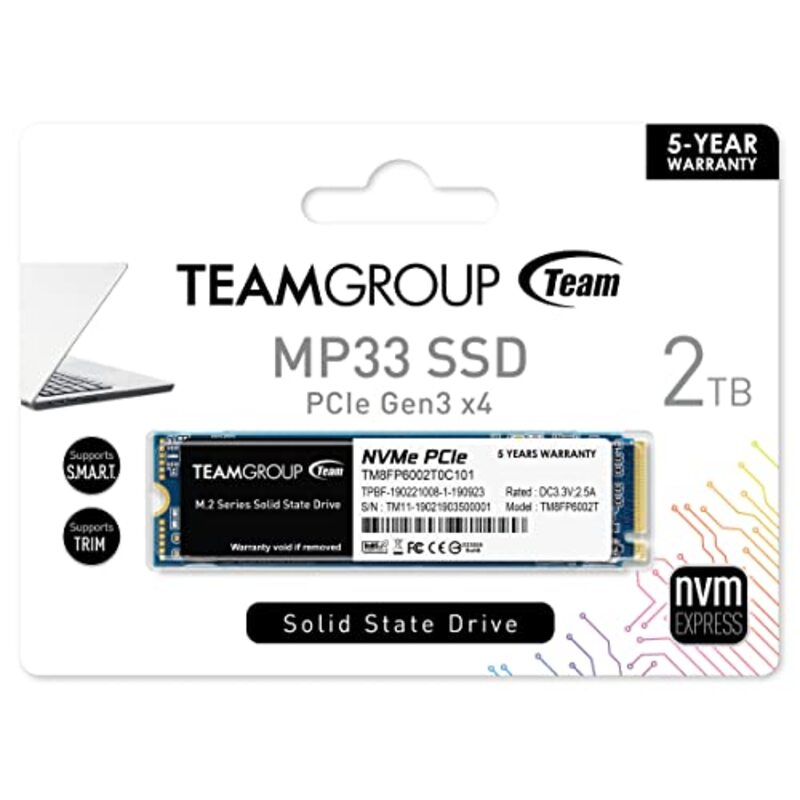 TeamGroup 2TB MP33 SLC Cache 3D NAND TLC NVMe 1.3 PCIe Gen3x4 M.2 2280 Internal SSD, TM8FP6002T0C101, Multicolour