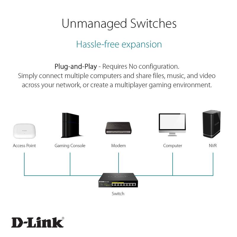 D-Link 8 Port Ethernet Gigabit Unmanaged Desktop Switch, DGS-1008P, Black