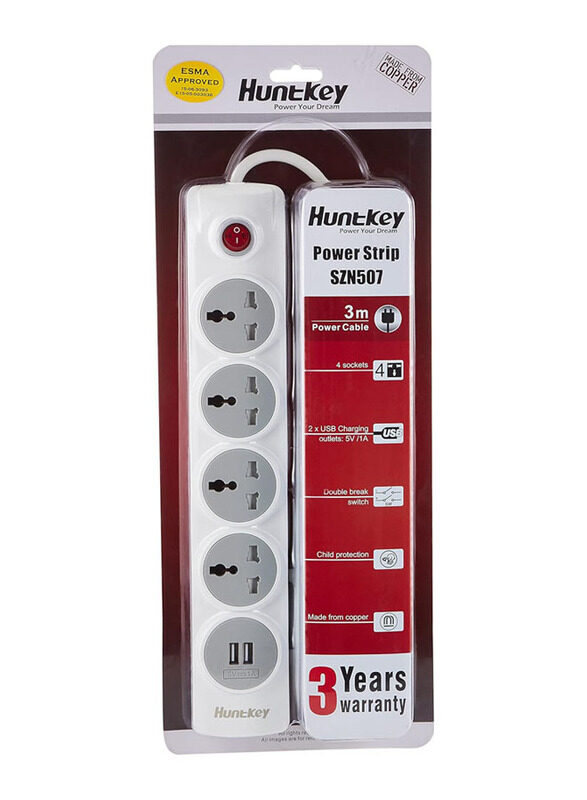 

Huntkey 3-Meters UK Wall Extension 4 Outlets with 2 Usb Charging Outlets, White