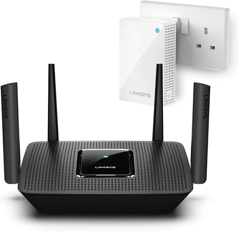 Linksys MR8300 Tri-Band MU-MIMO Mesh WiFi Router & 1 Velop Dual-Band Whole Home Mesh WiFi Plug-In Node, Black/White