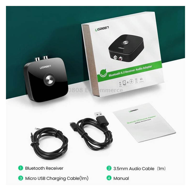 Ugreen Wireless Bluetooth Audio Receiver 5.1 with 3.5mm and 2RCA Adapter, Black