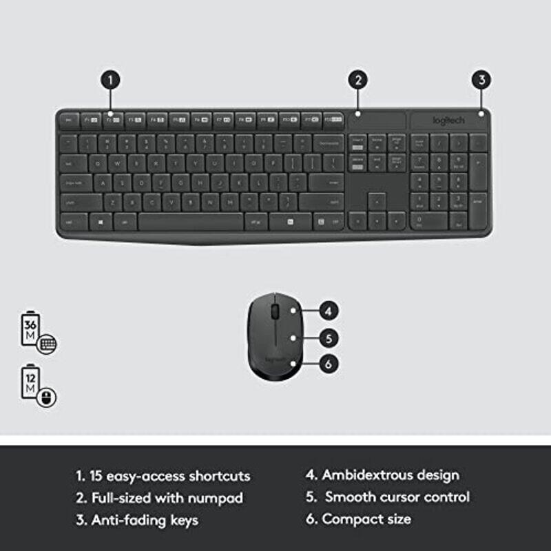 Logitech Wireless English Keyboard and Mouse Combo, Mk235, Grey