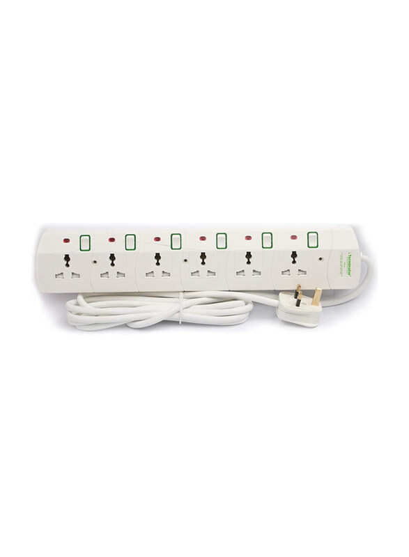 

Terminator 6 Way Universal Power Extension Socket with 3m Cable, TPB-6G, White