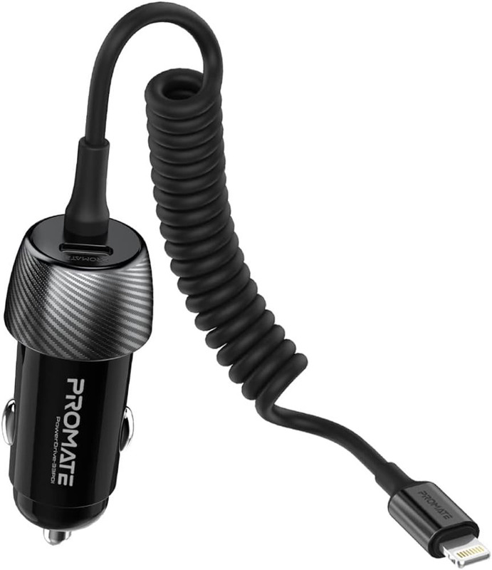 

Promate USB-C Port Car Charger, 20W with Lightning Cable, Black