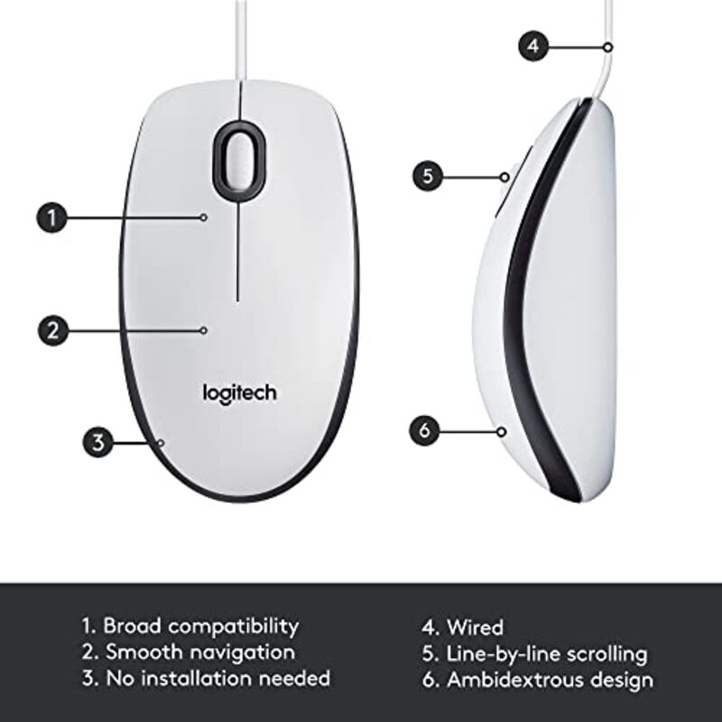 Logitech M100 Wired Optical Mouse, 910-005004, White