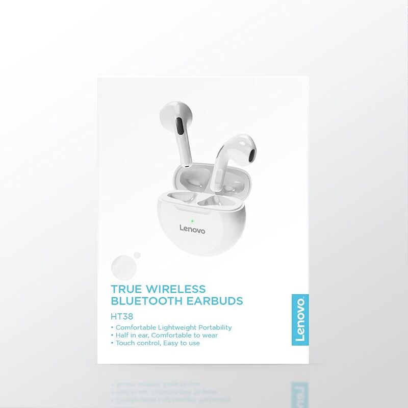 Lenovo HT38 True Wireless - Bluetooth Stereo Half In-Ear Noise Cancelling Earphones, White
