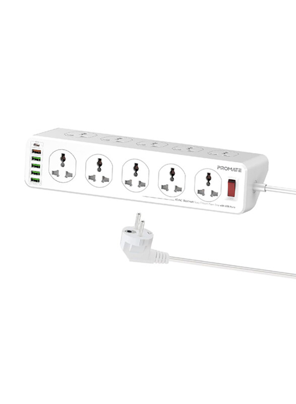

Promate Heavy Duty 10-Way Universal Extension Socket with Power Strip, White