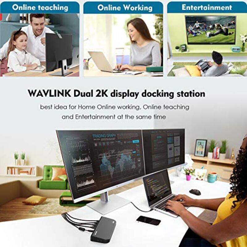 Wavlink USB 3.0 / USB C Laptop Docking Station Dual Video Outputs Support HDMI, Black