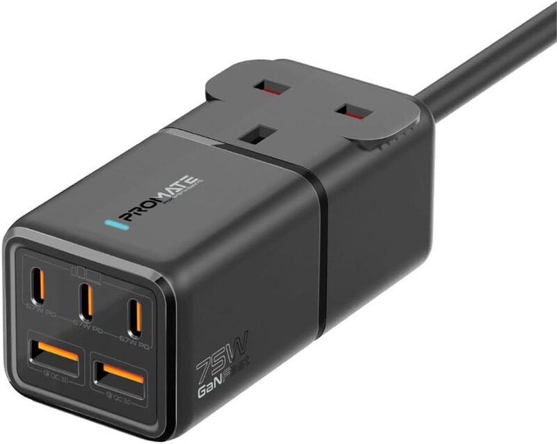 

Promate 6-in-1 Multi-Port 75W GaN Fast Power Extension with AC Socket, Black