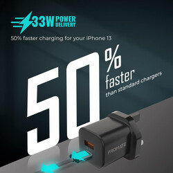 Promate GaN 33W USB-C Wall Charger, Black