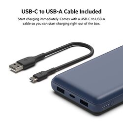 Belkin 20000mAh Wired USB-C Portable Power Bank with USB Type C Input Output Port & 2 USB A Ports with USB-C to USB Type A Cable, Blue