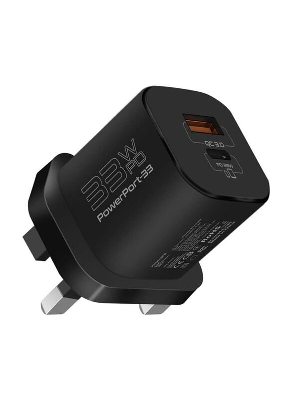 Promate GaN 33W USB-C Wall Charger, Black