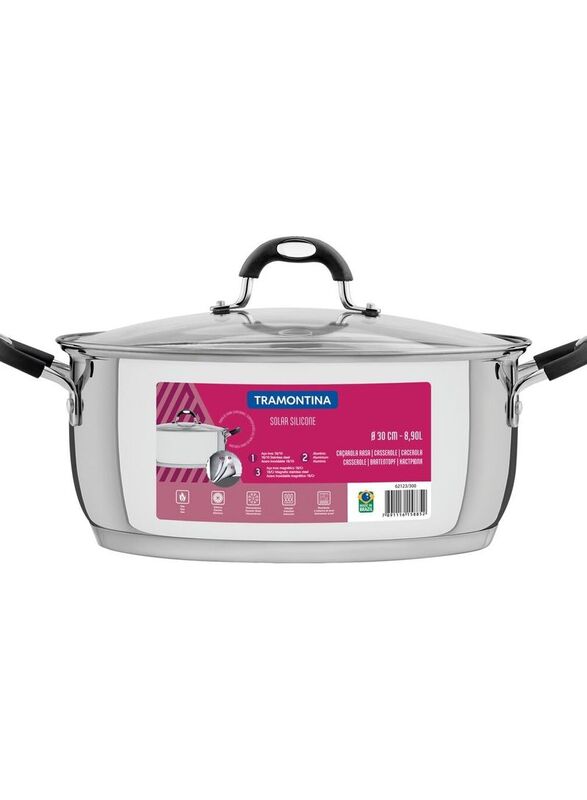 Tramontina 30cm Stainless Steel Round Casserole with Glass Lid, 8.9 Litre, 2 Pieces, Silver