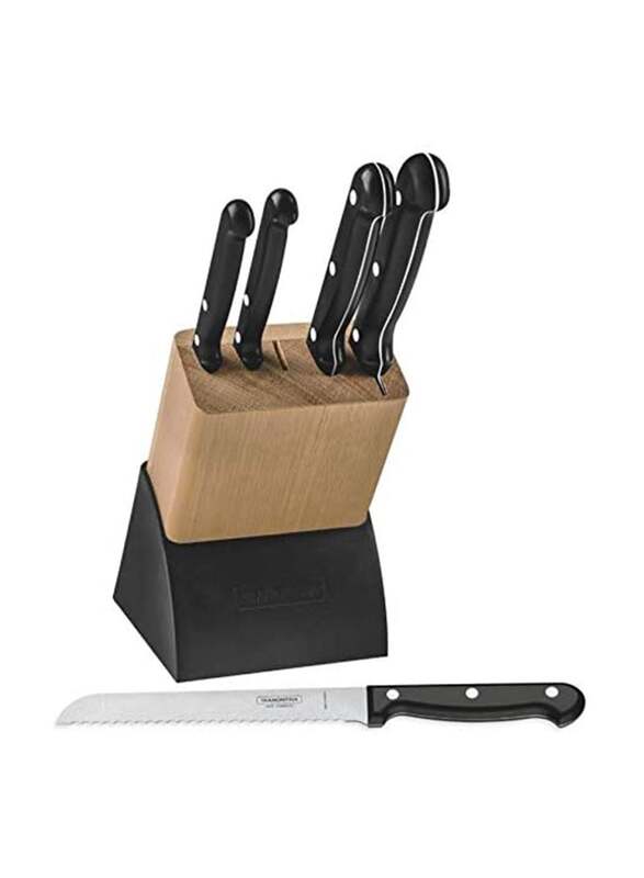 Tramontina 6-Piece Ultra Corte Stainless Steel Cutlery Set with Wooden Block Antibacterial Handles, Black/Beige/Silver