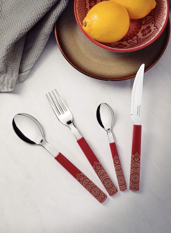 Tramontina 16-Piece Stainless Steel Cutlery Set with Polypropylene Mandala Design Handle, Red/Silver