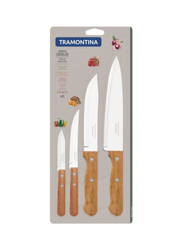 Tramontina 4-Piece Stainless Steel Kitchen Knife Set, Brown/Silver