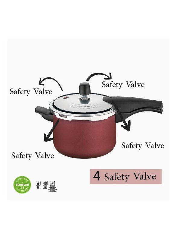 Tramontina 4.5 Ltr Non-Stick Round Pressure Cooker with 4 Safety Valves, Red