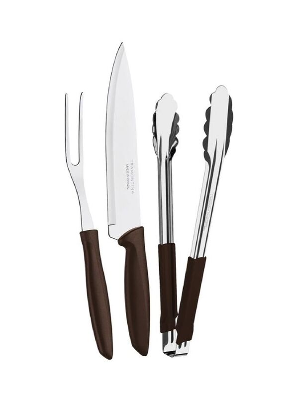 Tramontina 3-Piece Stainless Steel Barbecue Knives Set with Tongs, Dark Brown/Silver