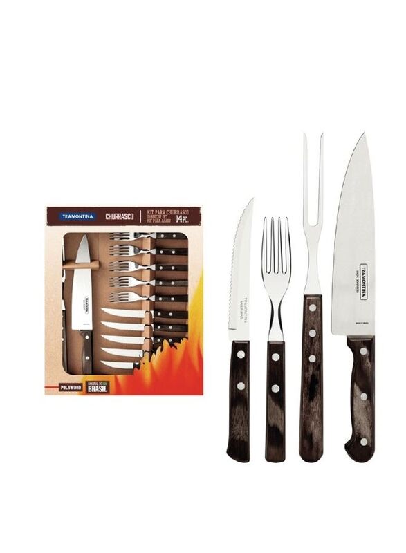 Tramontina 14-Piece Stainless Steel Barbecue Kit with Polywood Handle, Brown/Silver