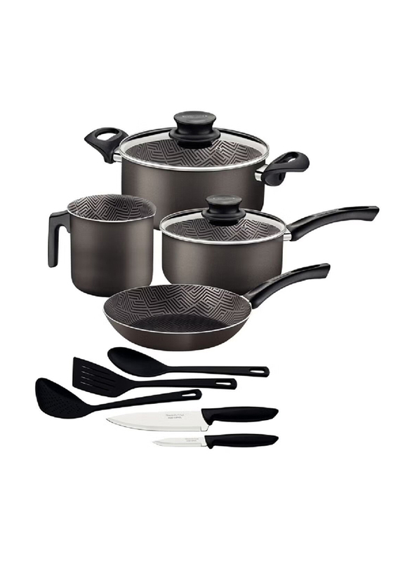 

Tramontina 11 Piece Paris Lead Colored Aluminium Cookware Set with Interior and Exterior Starflon Max PFOA Free Non-stick Coating, 27899381, Black