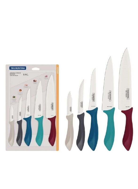 Tramontina 5-Piece High Carbon Stainless Steel Blades Kitchen Knives Set with Easy Grip, Multicolour