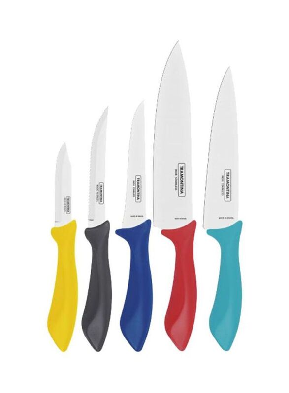 Tramontina 5-Piece Stainless Steel Afilata Knives Set, Silver/Blue/Red