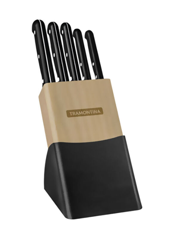 

Tramontina 6-Piece Ultra Corte Stainless Steel Cutlery Set with Wooden Block Antibacterial Handles, Black/Beige/Silver