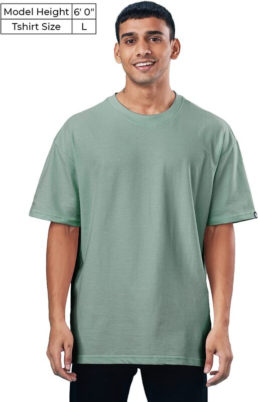 The Souled Store Sage Round Neck Half Sleeve Solid Cotton Oversized T-Shirt for Men, Small, Sage Green
