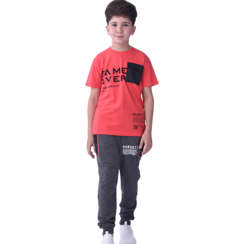 2 Piece Set for Senior Boys' T-Shirt & Joggers Sets 8-14 Years- Coral and Black Grindle colour Comfortable Fit 100 % percent Cotton -victor and jane