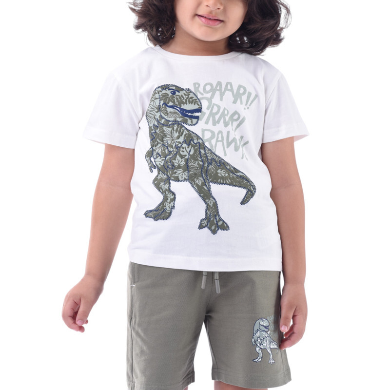 Victor & Jane Boys' Comfortable 2-Piece T-Shirt & Shorts Set (2-8 Years) - Off-White & Olive, 100% Cotton