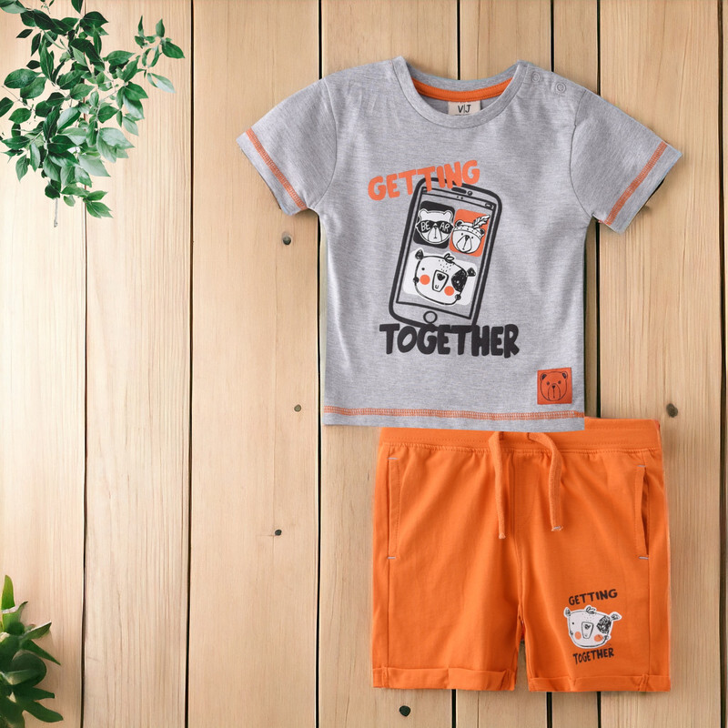 Infant Boys 2 piece Set Clothes Soft & Breathable (3-24 Months): LT.Grey Melange and Dark Orange, T-Shirts & Shorts, Outfits Sets (100% Cotton) - victor and jane