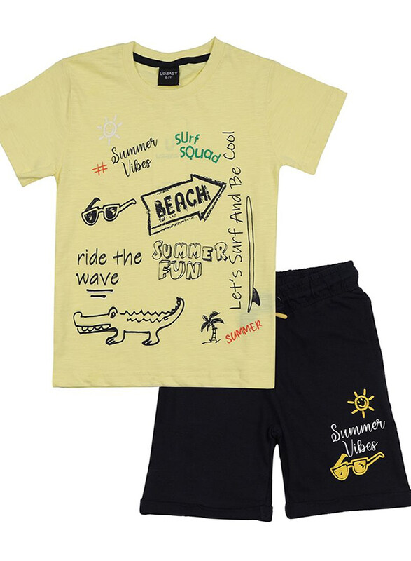 

Urbasy Printed Round Neck T-Shirt with Navy Blue Shorts for Boys, 4-5 Years, Yellow