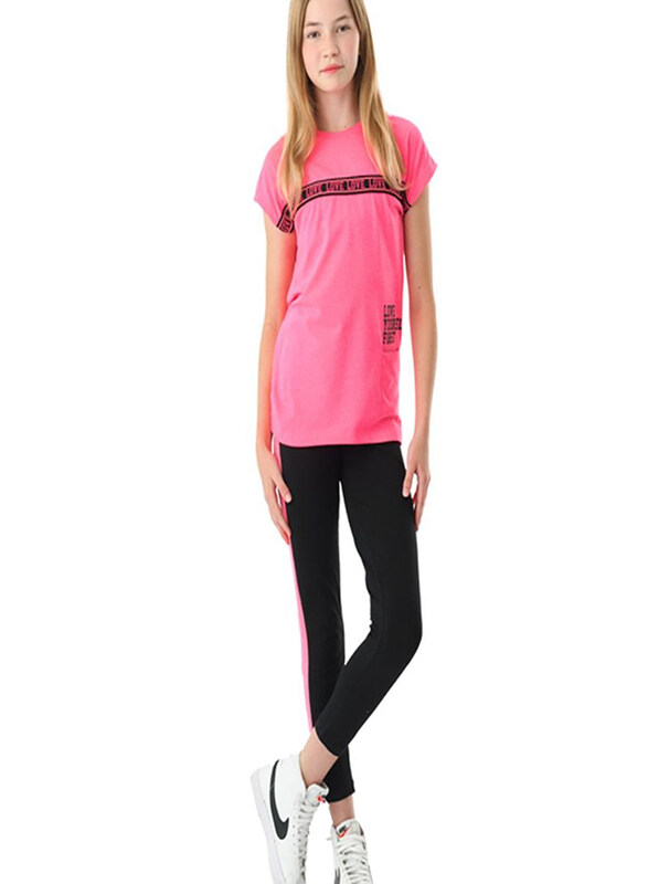 

Urbasy Girls Round Neck Fashion Printed Top with Solid Leggings Set, 11 - 12 Years, Neon Pink/Black