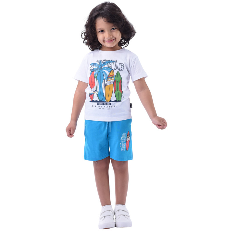 Victor & Jane Boys' Comfortable 2-Piece T-Shirt & Shorts Set (2-8 Years)- Off-White & Blue, 100% Cotton