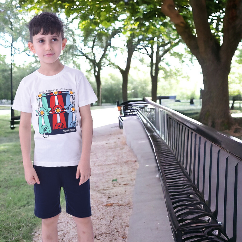 Kids  Boys 2 piece Set T-Shirts & Shorts  (2-8 Years): White and Navy Blue colour, Outfits Sets (100% Cotton)