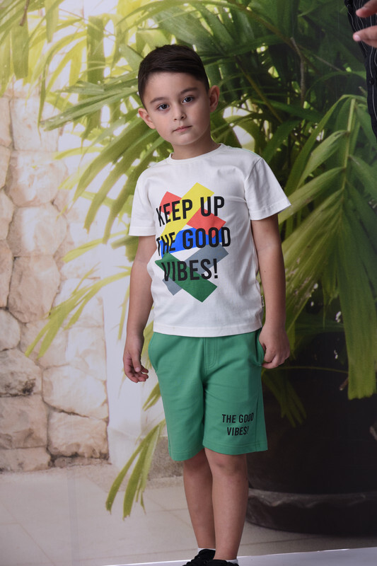 Victor & Jane Boys' Comfortable 2-Piece T-Shirt & Shorts Set (2-8 Years) Off-White & Green, 100% Cotton