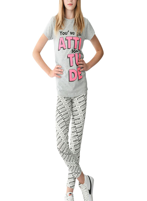 

Urbasy Girls Round Neck Fashion Printed Top with Printed Leggings Set, 15 - 16 Years, Grey