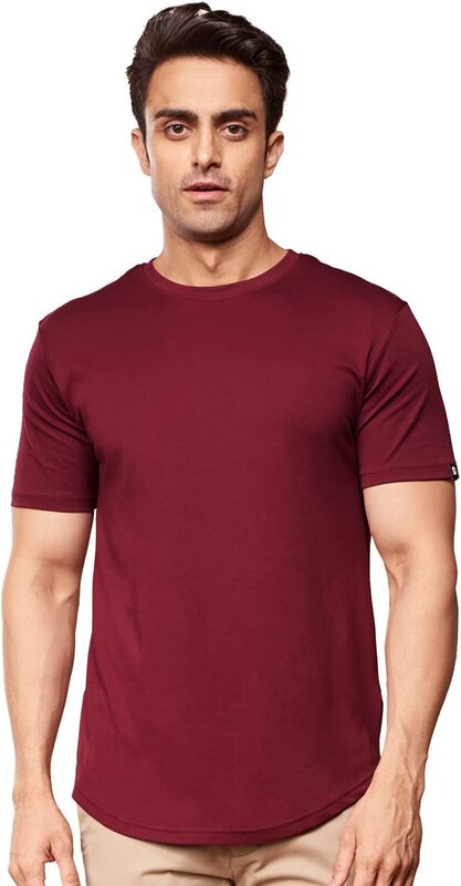 The Souled Store Solid Supima Drop Cut T-Shirt for Men, Medium, Burgundy